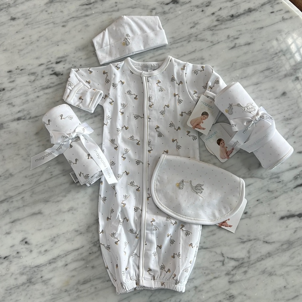 New Magnolia Baby Grey Stork Infant Gift Set Bundle Pima Cotton